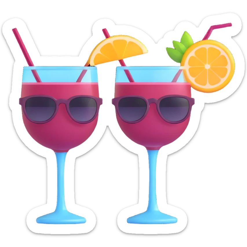 3D emoji style cocktail glass with burgundy drink and a pair of sunglasses resting on the rim sticker