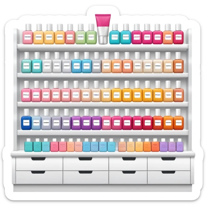 big beauty salon showcase with well-organized brand-labeled beauty products on a white shelves sticker