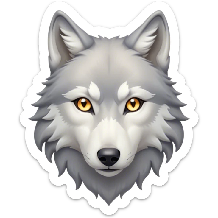 Cinematic Noble Wolf Portrait Emoji, Poised and regal, with a strong, lean build and a sleek, well-groomed Fur of grey and white, deep-set soulful piercing eyes, Simplified yet sharp and sophisticated features, highly detailed, glowing with a soft, dignified glow, high shine, intelligent and fierce, stylized with an air of wild majesty, focused and attentive, soft glowing outline, capturing the essence of a watchful and confident alpha, so majestic it feels as though it could howl out of the screen with effortless authority! sticker