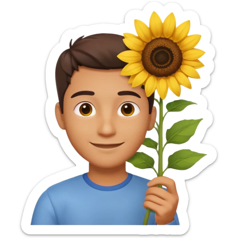 man holding a sunflower portrait, head and shoulders only, gentle smile, sunflower visible in hand, warm positive vibe, 3D cartoon style, mobile game icon style, clean background, no text, no watermark
 sticker