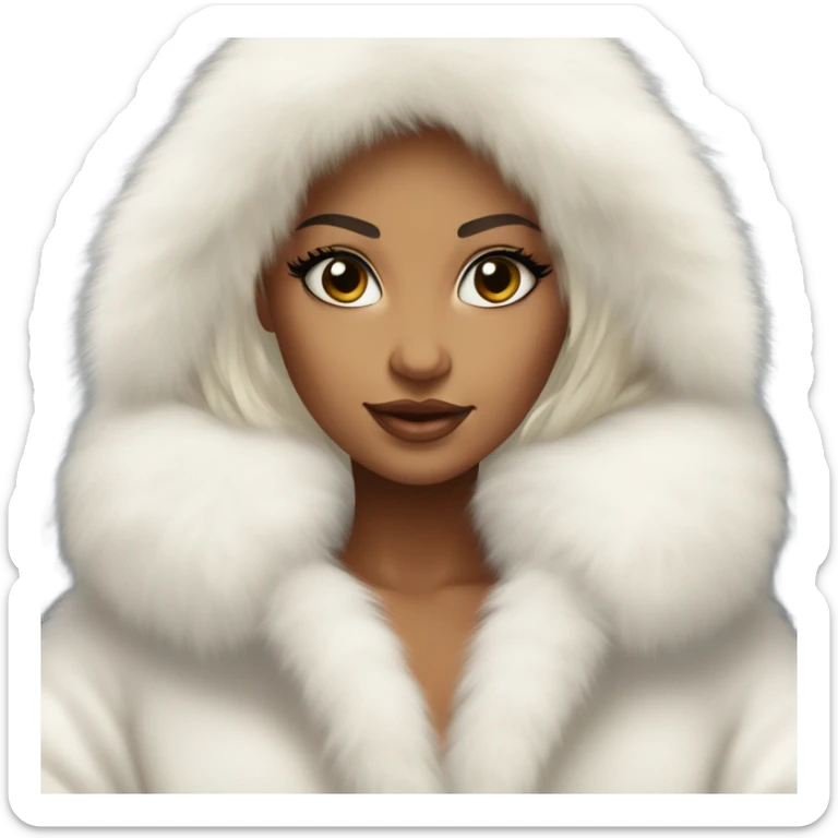 Tanned Girl with lashes , platinum blonde hair, in an extremely big fluffy oversized white fur coat with hood on. The fur is real and it’s very obvious big and fluffy like in Pinterest  sticker