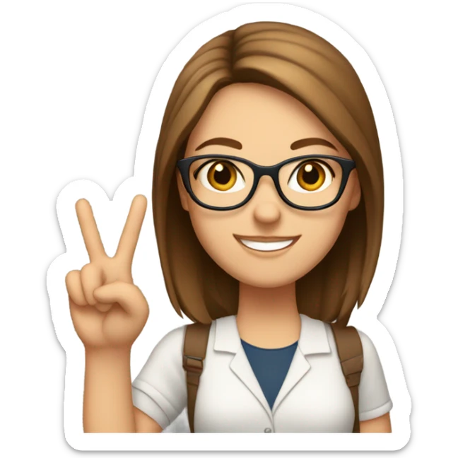 White girl brownish hair wearing glasses holding up a peace sign sticker