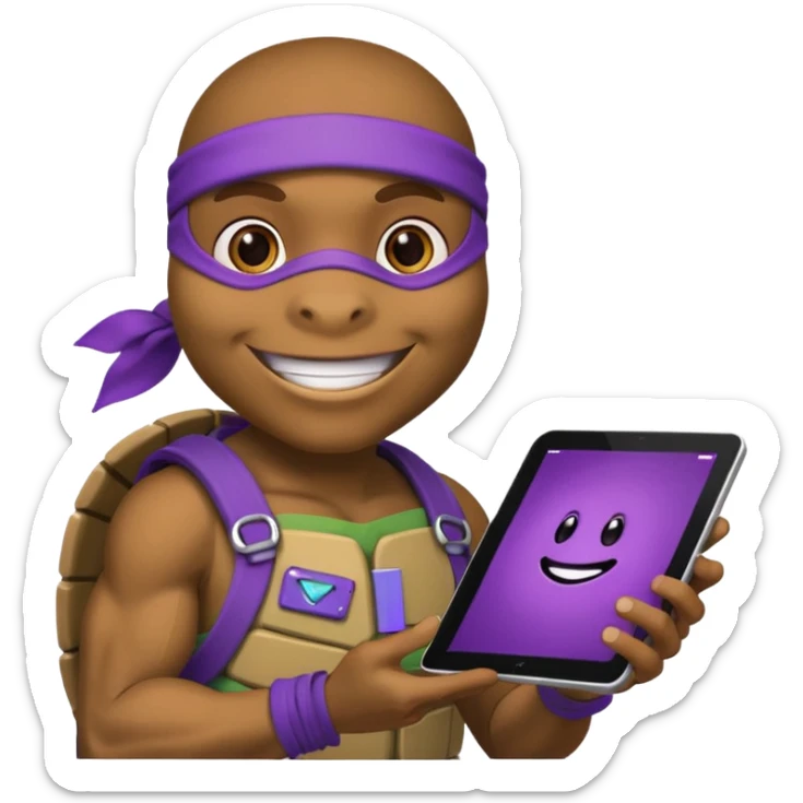Donatello from Teenage Mutant Ninja Turtles, emoji style, holding a tablet with a hacking screen and smiling, with a purple hacking interface on the screen sticker