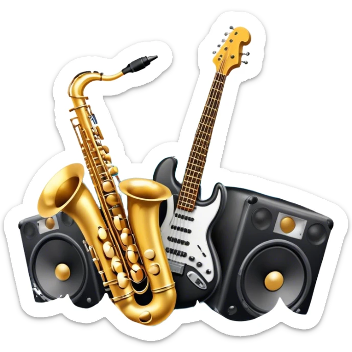 Icon for R&B Music Listening: large concert speakers and headphones with waves of musical notes coming out, along with drums, bass guitar and saxophone. The icon should convey the energetic and rhythmic vibe of R&B music. Transparent background sticker