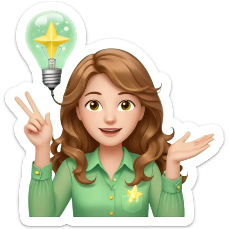 Joyful and imaginative woman with fair skin, long wavy light brown hair, hazel eyes, wearing a light green blouse with yellow accents, holding a glowing lightbulb and gesturing outward. Surrounded by stars, sparkles, speech bubbles, a paper plane, and a small heart. Waist-up, front-facing sticker