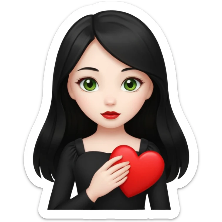 Pale girl with long black hair and olive green eyes wearing black dress and holding a heart sticker
