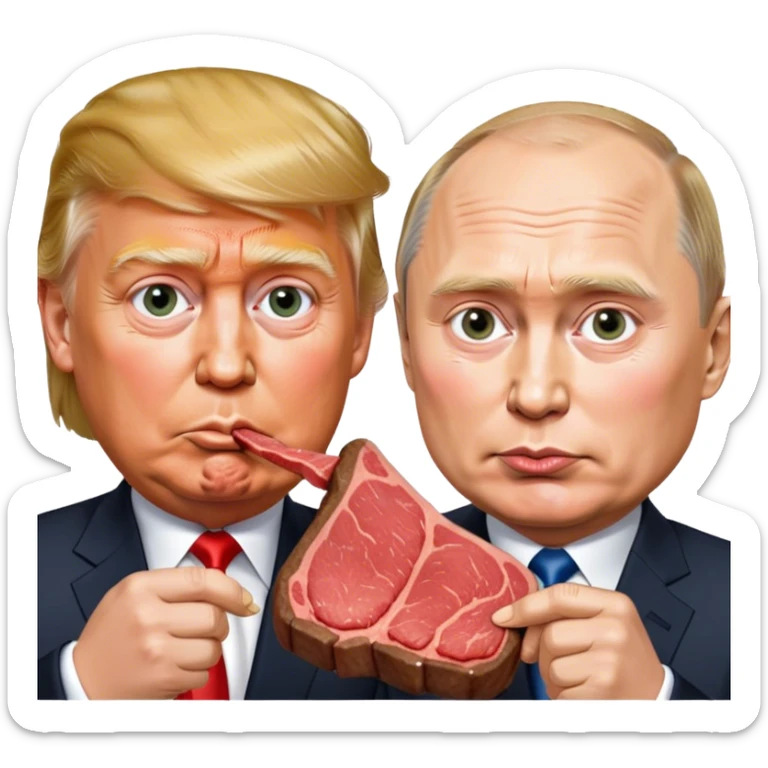 photorealistic Donald Trump and Putin eating a steak shaped like an piece of land sticker
