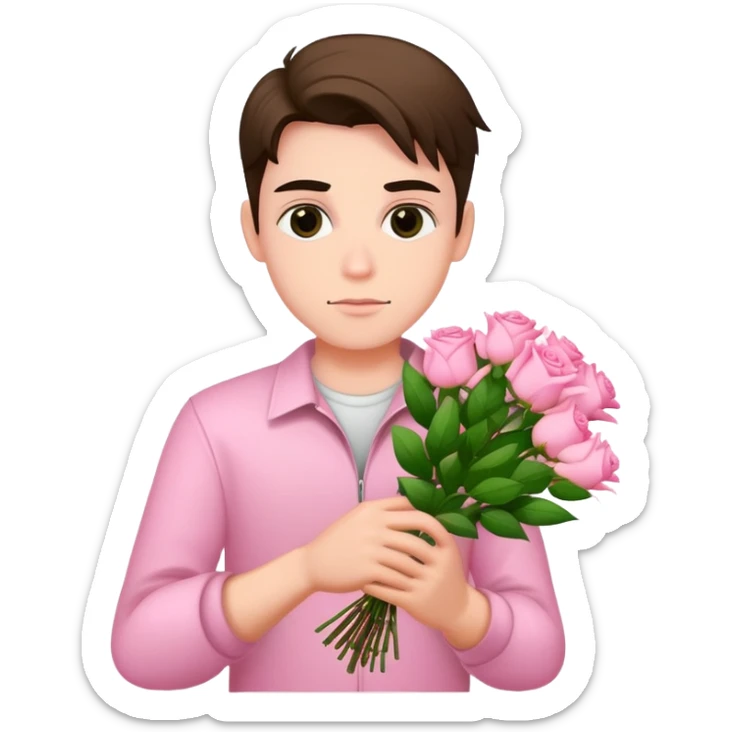 A cool bad boy with fair skin holding a bouquet of pink jasmine roses sticker