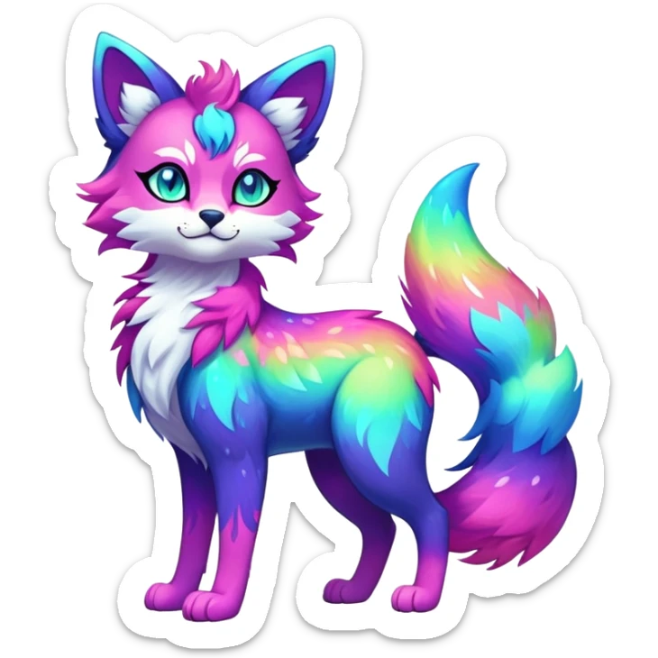 Vibrant multicolored neon-colored Falvie-Fionbri-creature-sparkle-feline-canine-hybrid-fursona, full body, fur pattern-markings sticker