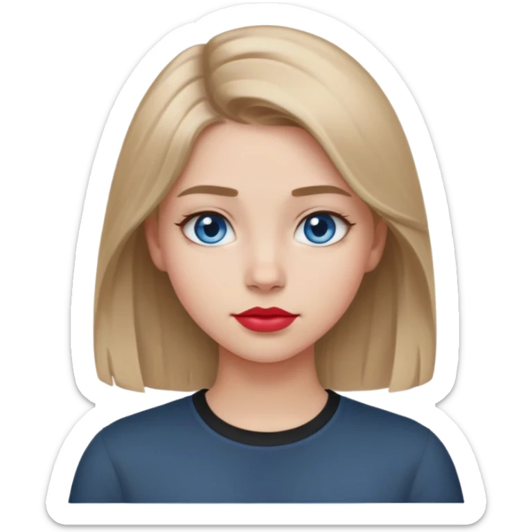 Emoji teenage girl, ash darker almost brown blonde hair, blue eyes, black shirt, hair a little longer than over shoulders, red pinkish lips, blue grey eyes sticker