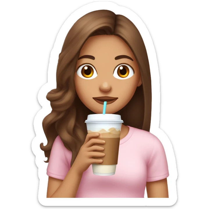 girl drinking an iced coffee with long brown hair half up half down and baby pink top sticker