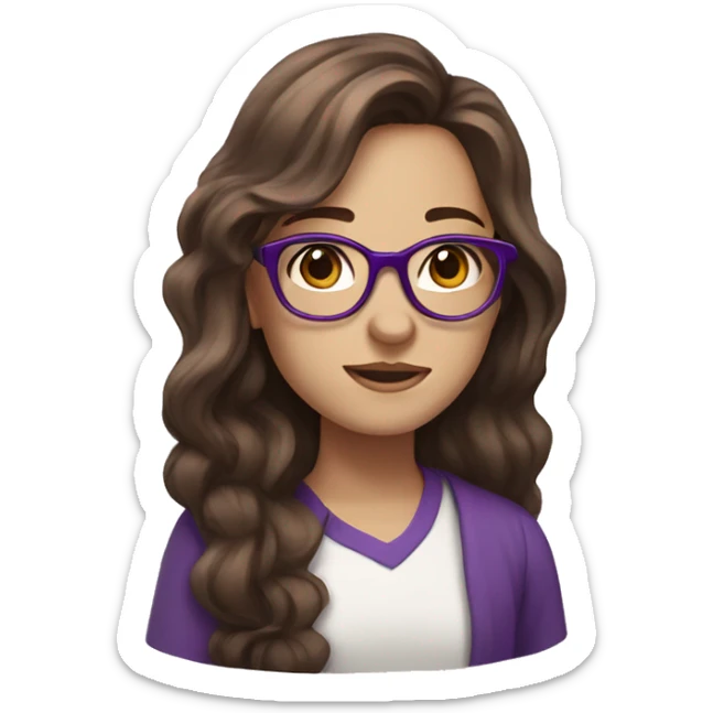 Girl who has brown hair and purple glasses, long wavy hair, white skin sticker