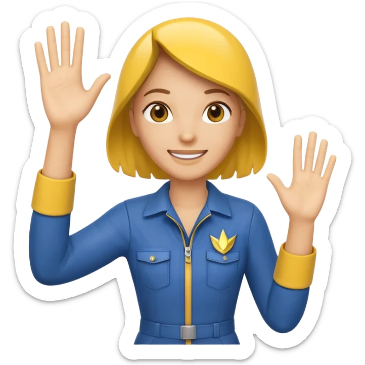 cheerful Vault Dweller in classic blue-and-yellow jumpsuit, waving sticker