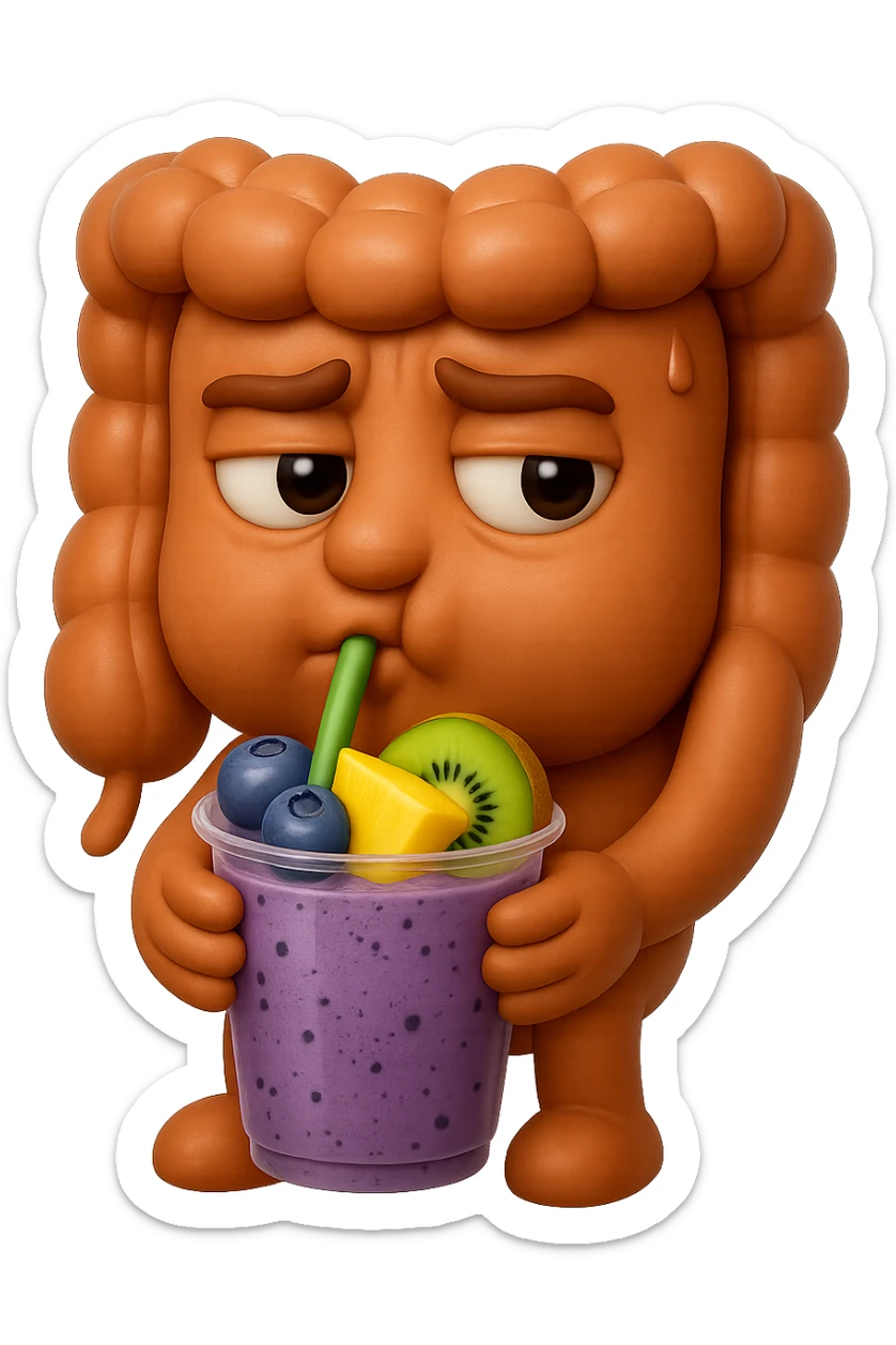 EMOJI STILE IPHONE DI un intestino umano anatomico che beve un frullato di mirtilli, ananas, kiwi, fagli anche la parte bianca degli occhi, non solo le pupille, REALISTICo 4K sticker