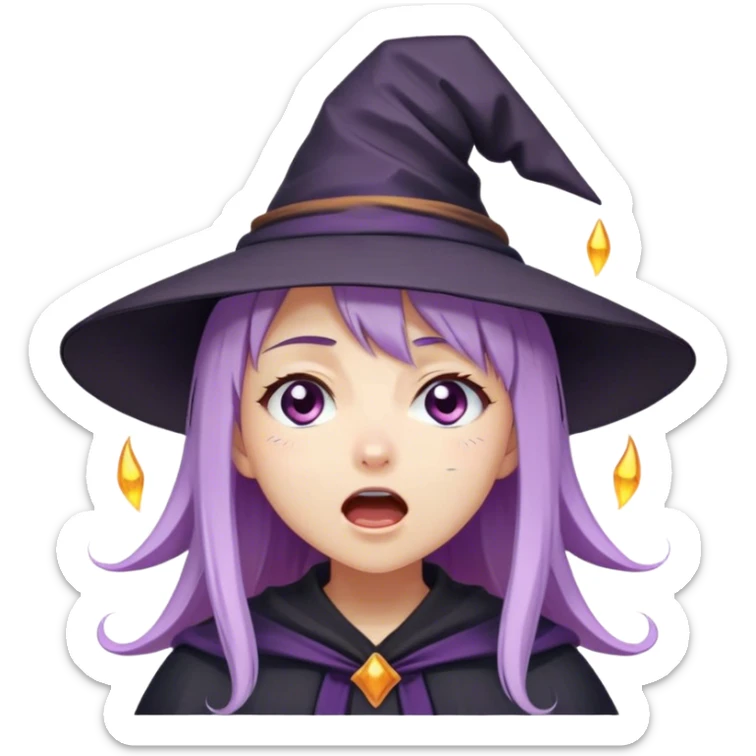 cute anime girl with lilac hair in a witch hat cries and screams loudly with her eyes closed sticker