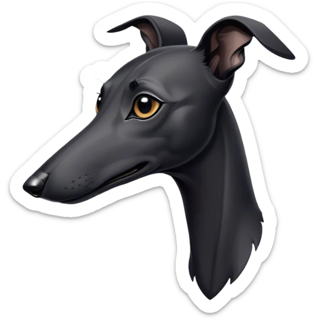 Cinematic Noble Black Greyhound Portrait Emoji, Poised and regal, with a lean, graceful build and a sleek, jet-black Fur, deep-set soulful dark eyes, Simplified yet sharp and sophisticated features, highly detailed, glowing with a soft, dignified glow, high shine, intelligent and swift, stylized with an air of elegance, focused and attentive, soft glowing outline, capturing the essence of a watchful and commanding racer, so majestic it feels as though it could sprint out of the screen with effortless authority! sticker