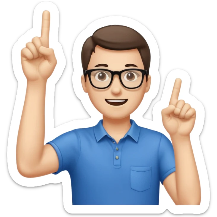 A slim man with glasses, pumping the foam finger in the air with bright enthusiasm. sticker