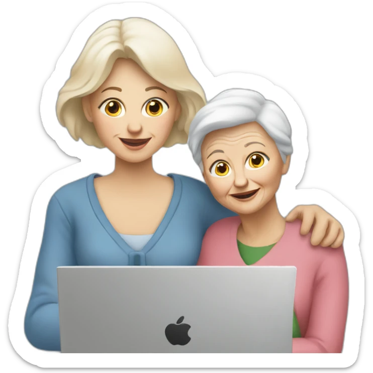 White woman holding old woman’s hand gazing into laptop sticker