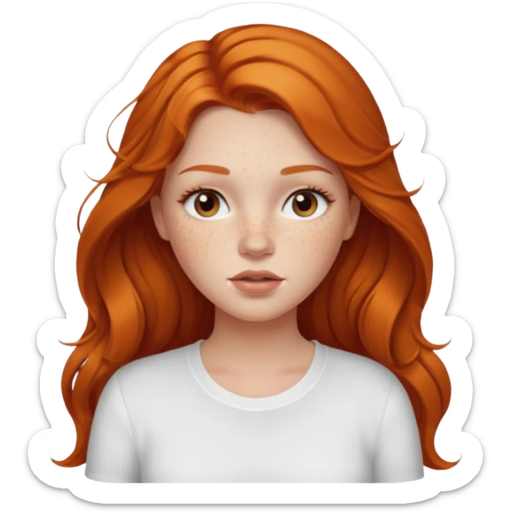 A pretty white girl with freckles long lashes plump lips and ginger long hair pretty and she’s wearing a white shirt sticker
