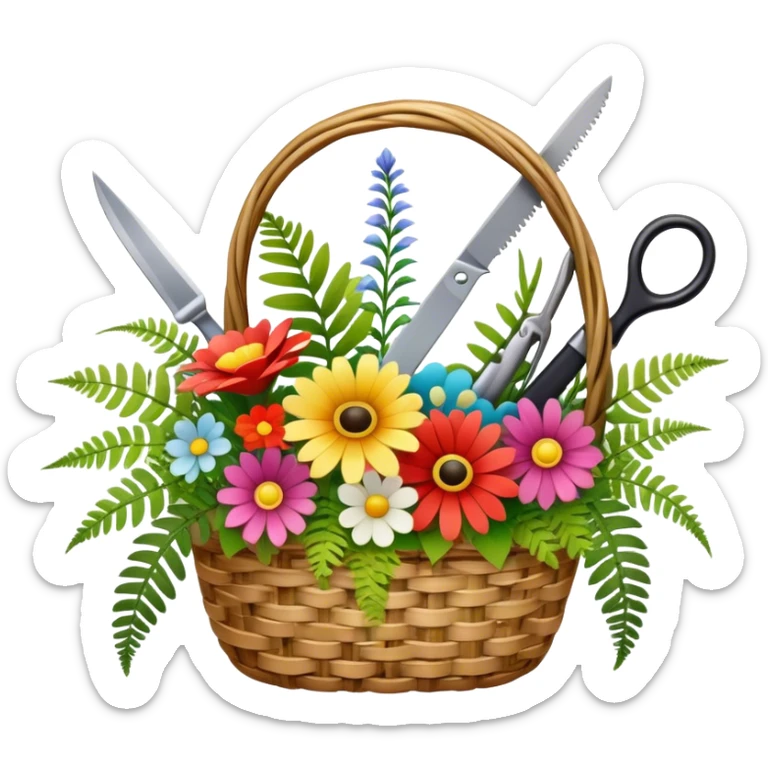 Icon for Floristry: a woven basket with flowers, reeds, ferns, bright ribbons and a small plush toy. Add big garden scissors and knife above. The icon should represent creativity in flower arrangement and decorative design. Transparent background. sticker