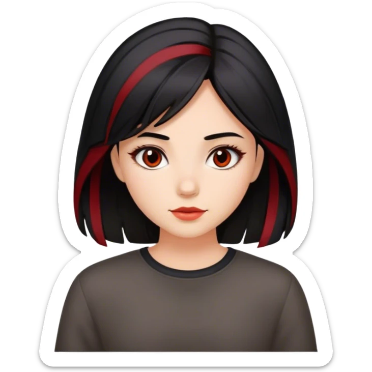 medium length haired girl, black hair with brown mix with red highlights, beautiful sticker