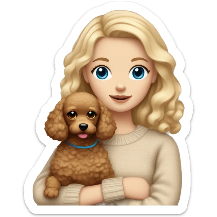Pretty blue eyed white girl with blonde wave hair in a beige sweater holding a brown sweet toy poodle sticker
