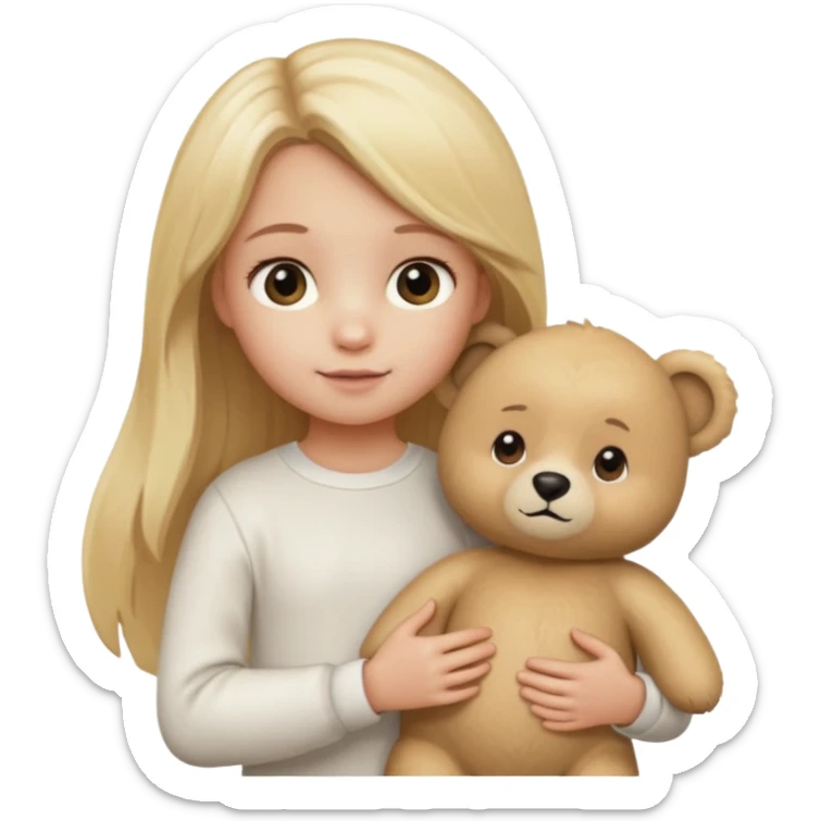 Blonde little girl, long hair, white long sleeve, with beige bear sticker