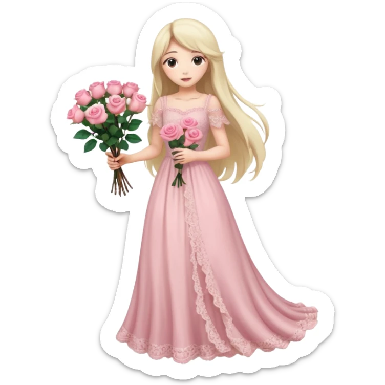 pastel anime woman with long hair pink roses lace dress full body sticker