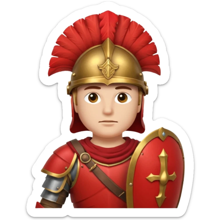 A strong Roman soldier in red-plumed helmet, bronze armor, and firm shield stance.
 sticker