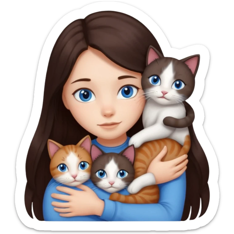 a girl with long dark 
brown hair, with blue eyes, hugs 3 different natural coloured cats sticker