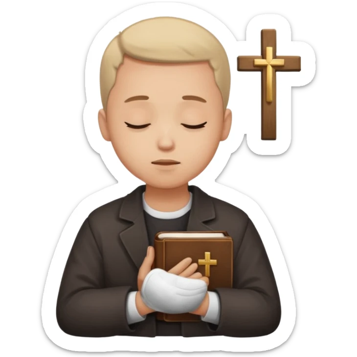 Guy who reads Bible with cross on it and with his eyes closed in prayer. Nothing in the background  sticker