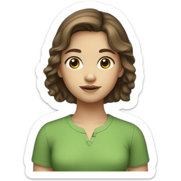 A young girl with white skin, brown hair, brown eyes, and a green shirt  sticker