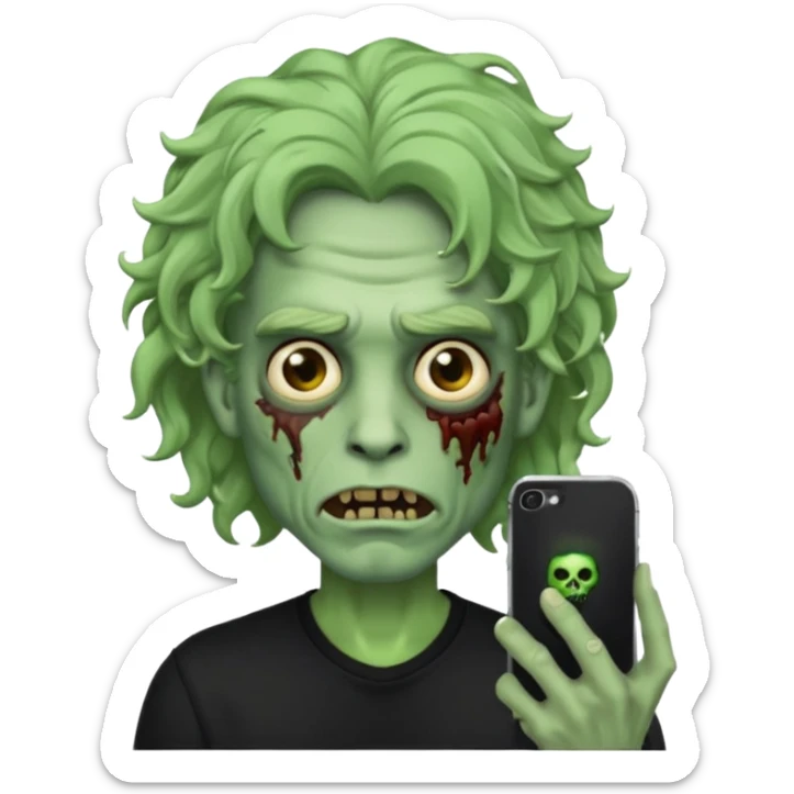 Emoji masculino de zumbi estilo iPhone,com cabelo ondulado grande, camisa preta e brincos sticker