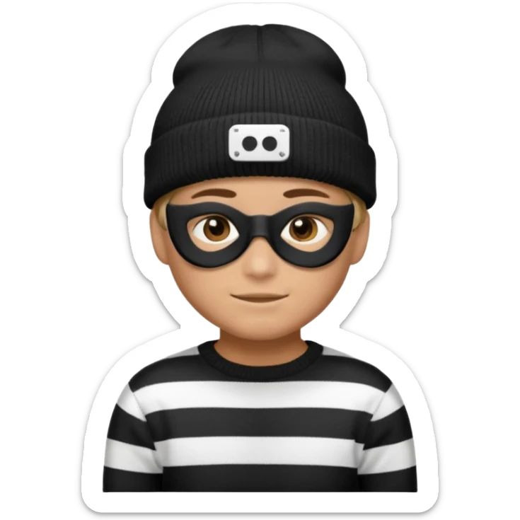 boy emoji with black knit beanie, thin black domino mask, and a black-and-white horizontally striped sweater sticker