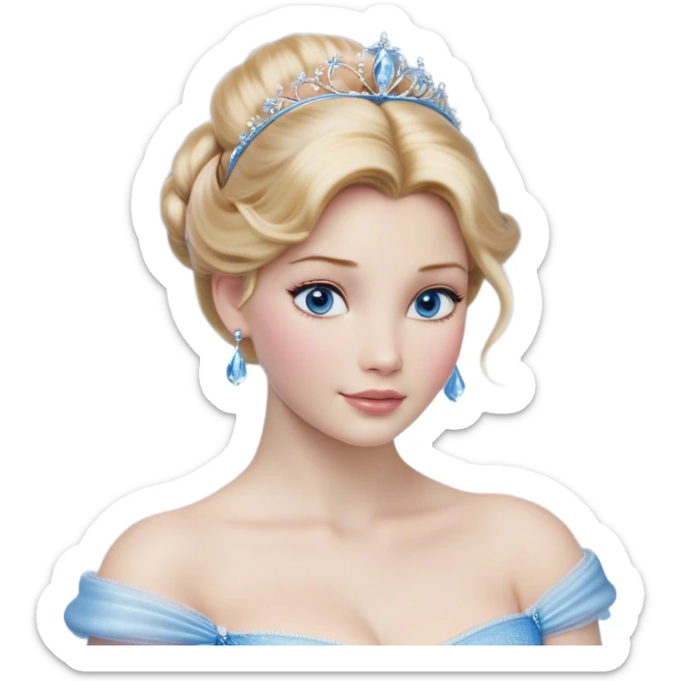 Cinematic Realistic Cinderella Portrait, depicted with lifelike skin texture, subtle rosy undertones, and soft natural lighting that enhances the gentle contours of her face. Her intricately detailed golden blonde hair is elegantly styled in an updo, with delicate wisps framing her face for added realism. Her deep, expressive blue eyes radiate warmth and sincerity, reflecting a quiet resilience and grace. She is dressed in her iconic ball gown, the fabric shimmering with intricate embroidery and fine translucent layers that catch the light beautifully. The soft sheen of satin gloves and the delicate sparkle of a glass-like slipper peeking from beneath her dress add a touch of magical realism. The portrait features an enchanting glow with a natural, luminous finish, seamlessly blending realism and fairytale charm to evoke a sense of depth, elegance, and timeless beauty. sticker