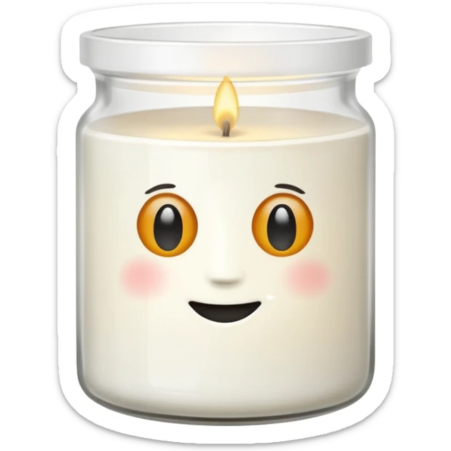 minimal flat emoji of a white scented candle in a glossy white glass jar with the label “cotton”, soft warm glow, clean vector style, elegant and modern, transparent background sticker