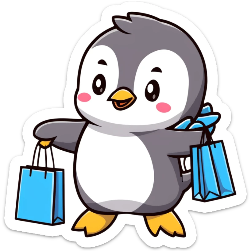 kawaii baby penguin at a shopping mall with shopping bags sticker