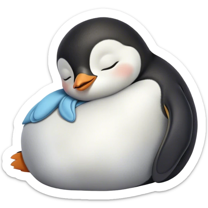 Meme-Worthy cute Sleeping Baby Penguin Portrait Emoji, Head resting peacefully with a contented smile, showcasing luxuriously soft down and a serene, slumbering gaze, Simplified yet hilariously adorable features, highly detailed, glowing with a soft, drowsy polar light, high shine, relaxed and utterly lovable, stylized with an air of playful laziness, bright and heartwarming, soft glowing outline, capturing the essence of a sleeping baby penguin that feels destined to become the next viral icon of adorable rest! sticker