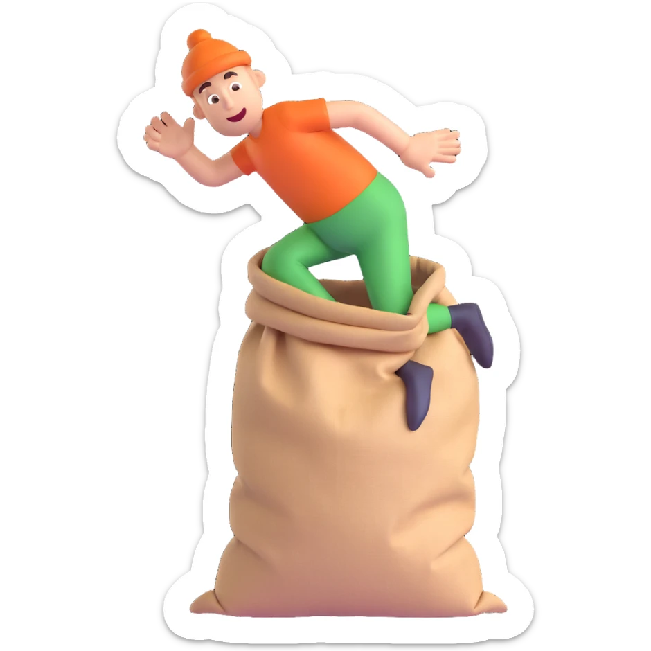 a man with both legs inside of a sack up to the waist, jumping, cartoonish, bright colors, 3D style sticker