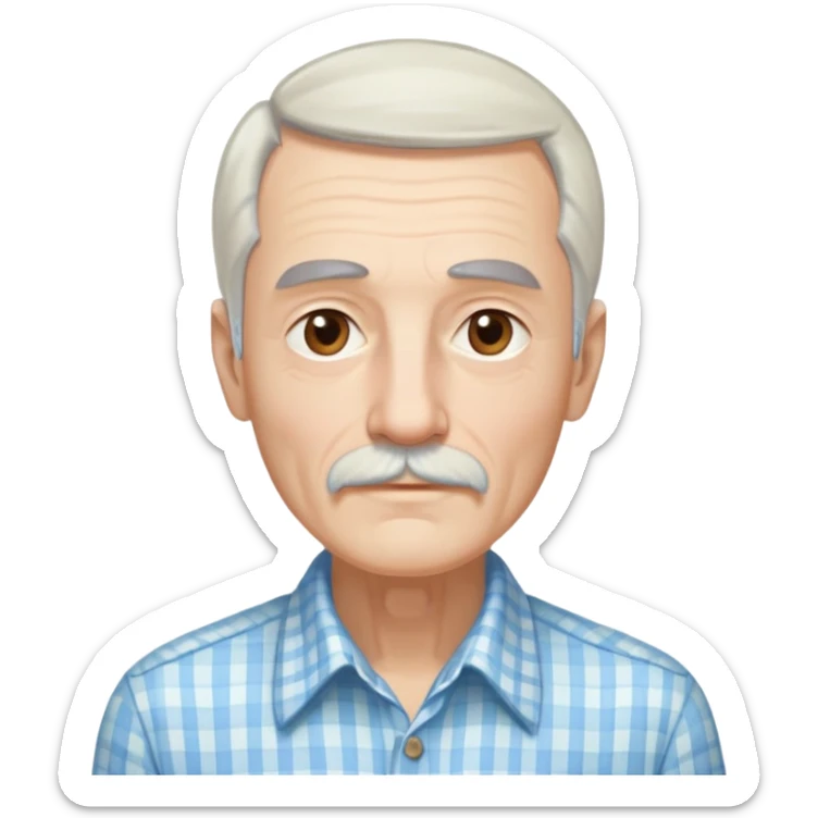 Skinny man in his 70s with fair skin. Long narrow face. Gentle light brown eyes. Fine straight white hair with light bangs touching eyebrows. Thin eyebrows. White goatee connected to mustache. Slender appearance. Wearing a light blue and beige checkered button-up shirt. sticker