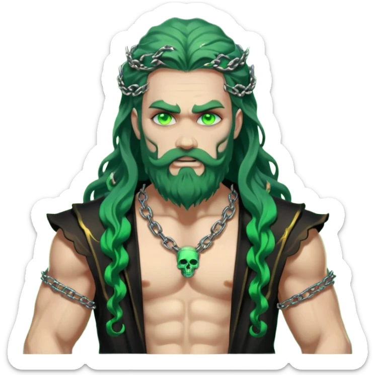 hades greek god with green flames and beard with chains on his arms and neck, Long wavy hair. He has some skull accessories Dynamic pose sticker