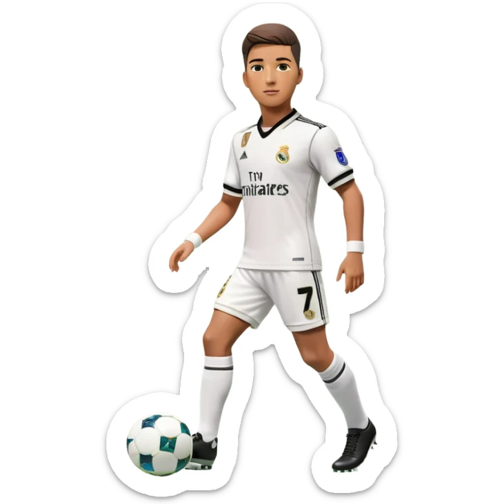 A 3D hyper-realistic male football player wearing a classic Real Madrid home kit, featuring a white jersey with black collar and cuffs, number 7 on the chest and shorts, and the Real Madrid logo. The outfit includes white shorts, white knee-length socks with black stripes, and white football shoes. The background is a smooth green gradient. The player's physique is muscular and athletic, standing in a neutral pose. sticker