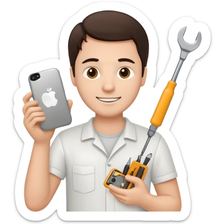 make a white guy with dark brown hair, with a simple white o grey shirt, repairing an iphone happy, tecnician with tools sticker
