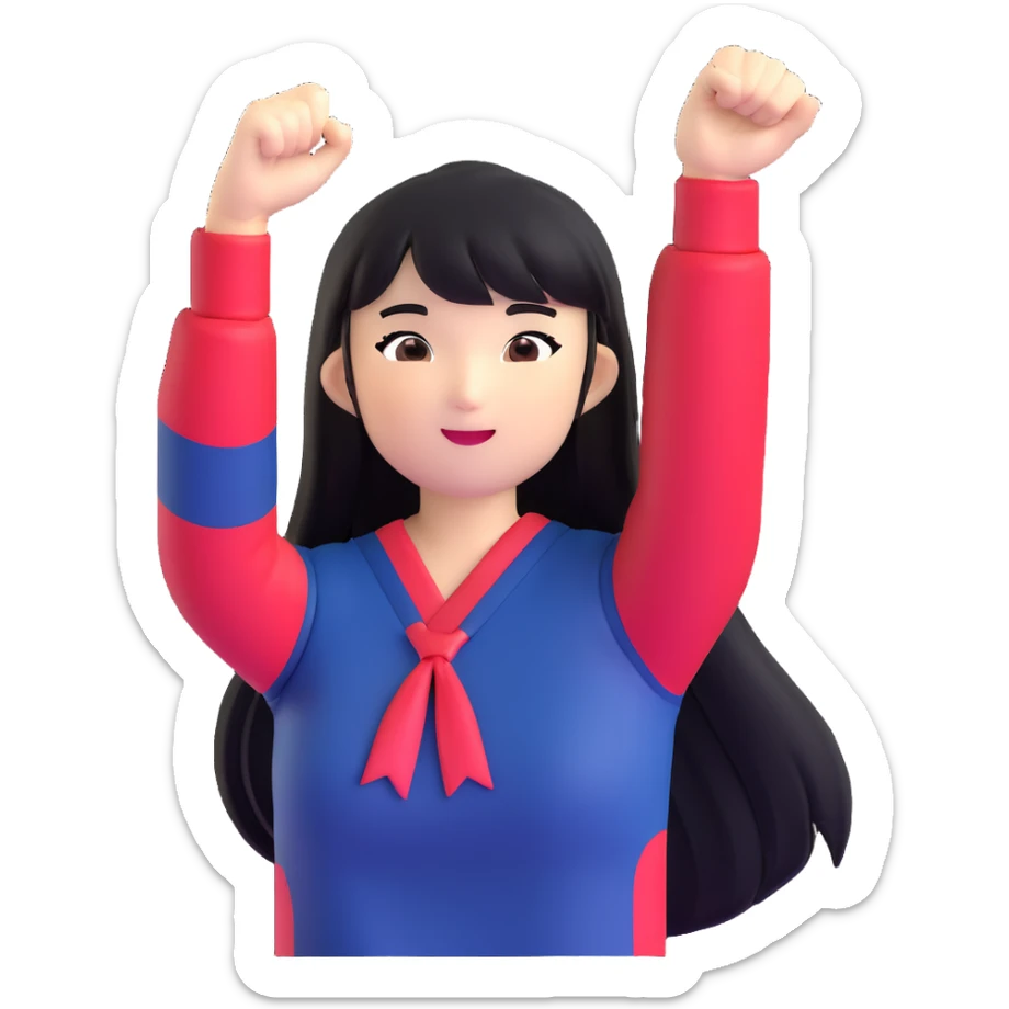 East Asian woman with long black straight hair and bangs wearing Doosan Bears team colors navy blue and red, cheering sticker