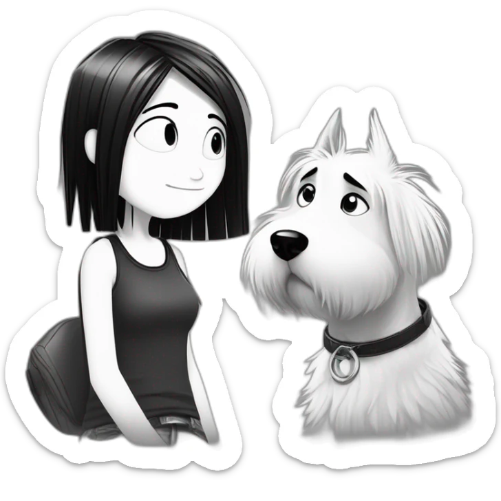 a dog and a girl with black spiky hair looking at each other in style of ((sarah andersen)), black and white,sarah andersen,cartoon,drawn,sketch sticker