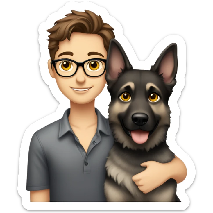 a pretty girl, sweet with brown hair and brown eyes with a handsome boy with brown hair, black thin stylish glasses and (grey eyes) hugging the grey german shepherd (yellow eyes) sticker