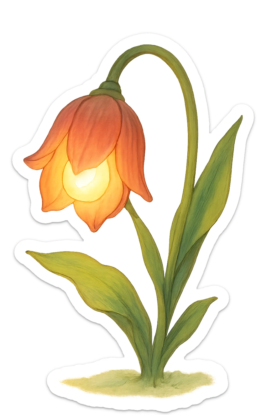 a lamp made out of a tulip flower, the bulb in the flower, drooping over, natural colors, soft, fairy-like atmosphere, no background sticker