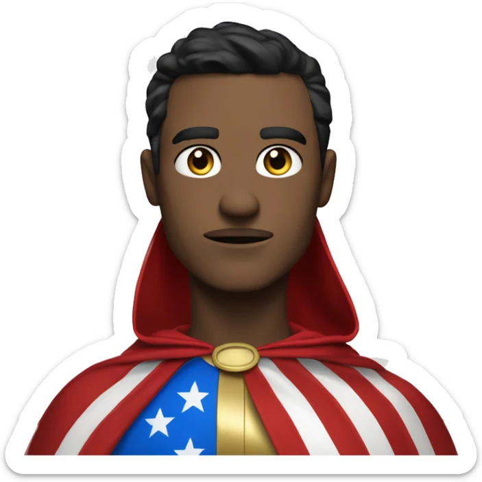 Emoji of Homelander from ‘The Boys’ series. USA flag-inspired costume with cape (red, blue, white). Confident, slightly menacing expression. sticker