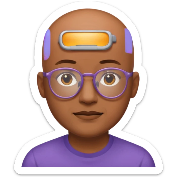 expressive Twitch emote of a cartoon-style character in an emoji-like art style. Bright colors, outlined, transparent background. Use the following face: male person in their early 30s, brown skin, bald, with glasses and a gentle face. sticker