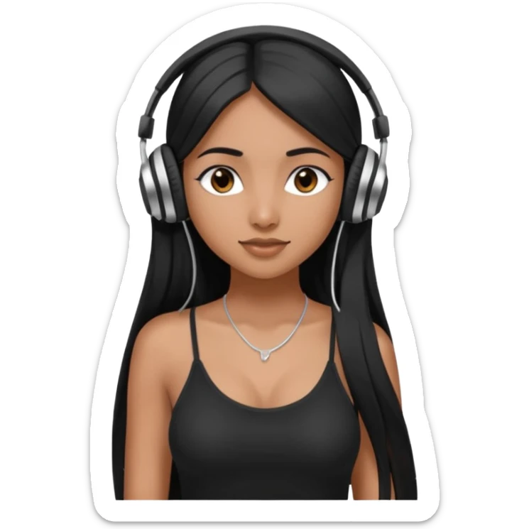 a fair INDIAN girl with straight black long hair, wearing a black cami top. and wearing silver  headphones on sticker